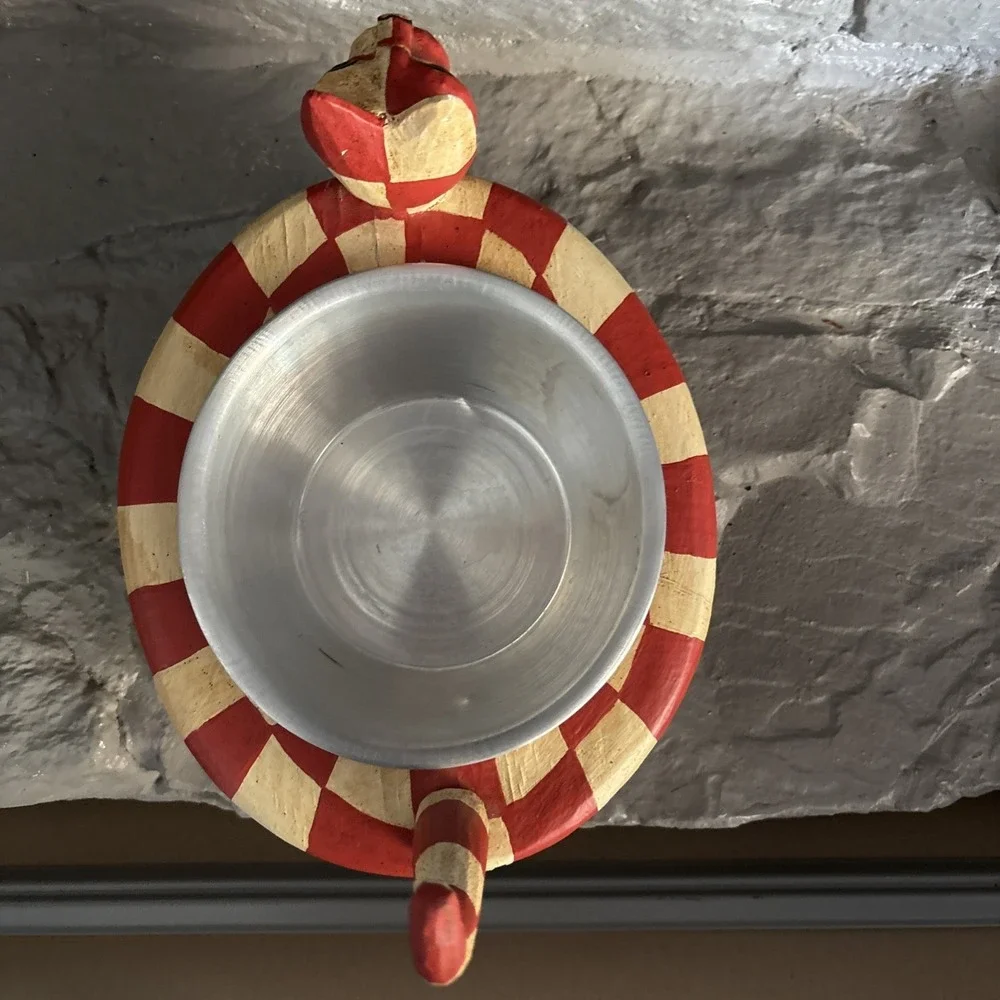 Whimsical Hand Painted Carved Cat Food Holder Dish Bowl‎